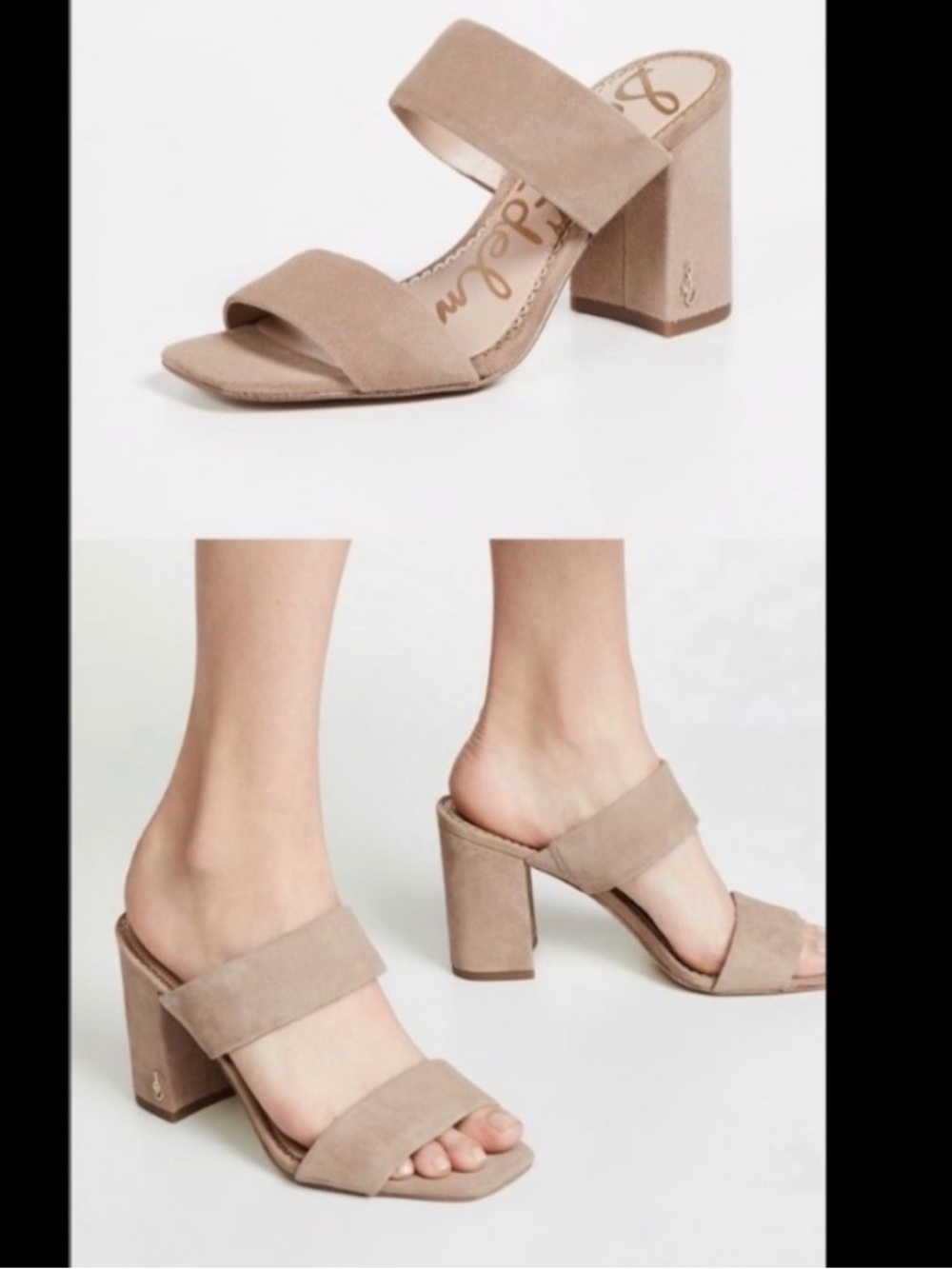 SAM EDELMAN Suede Double-Strap Block Heel Mule in Taupe